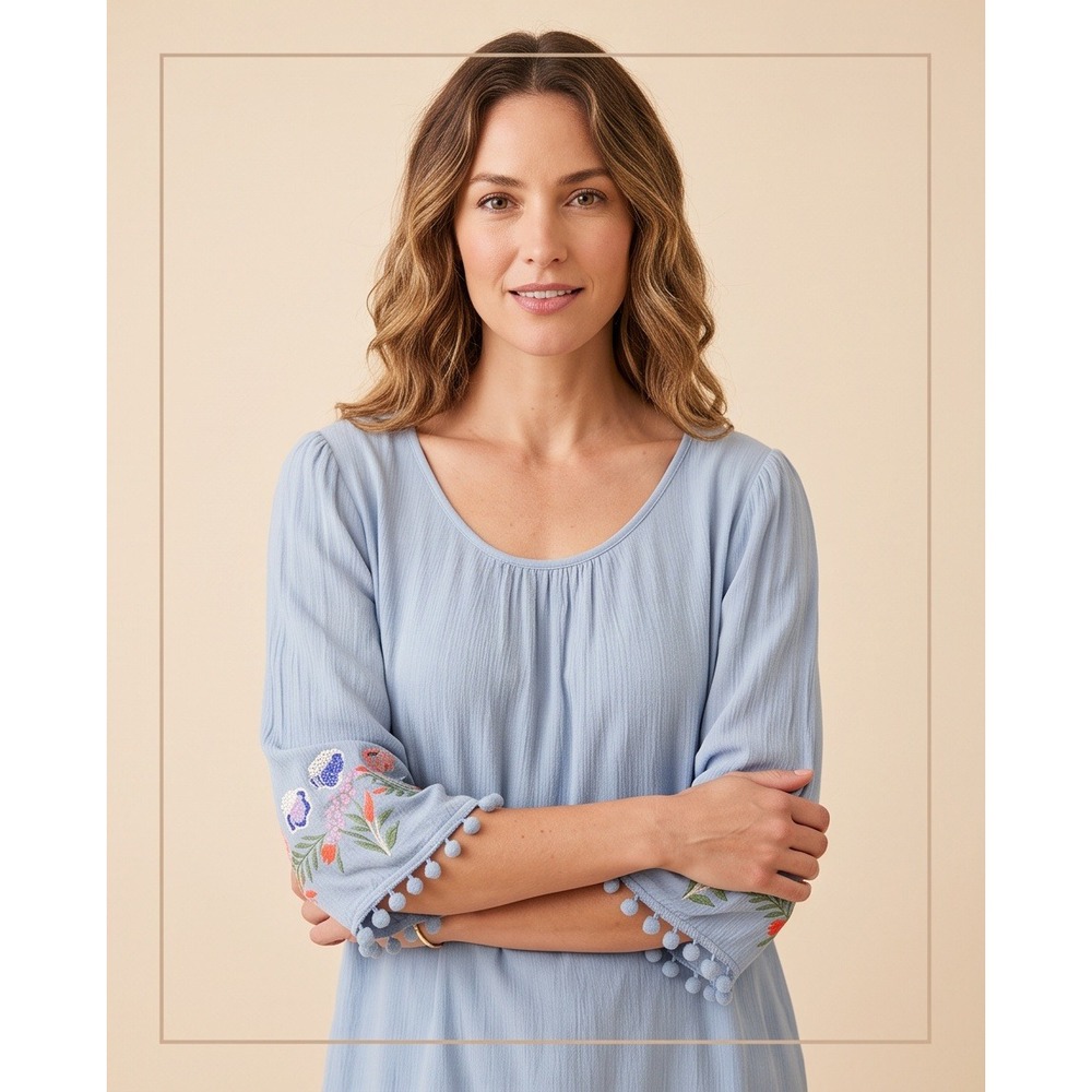 Umgee S Boho Floral Embroidered Pom Pom Trim Tunic Top Blue Small A3096 - Picture 10 of 13